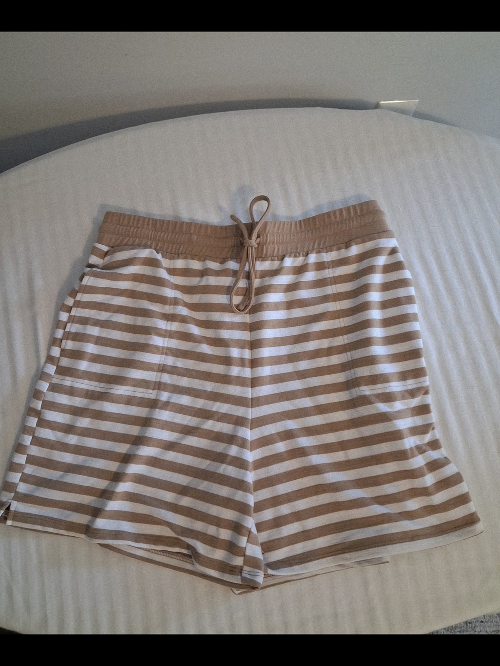 Beige and White Striped Drawstring Shorts